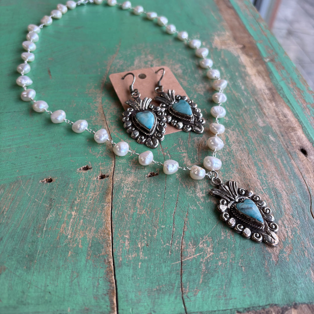Freshwater Pearl Turquoise Sacred Heart Necklace or Earrings