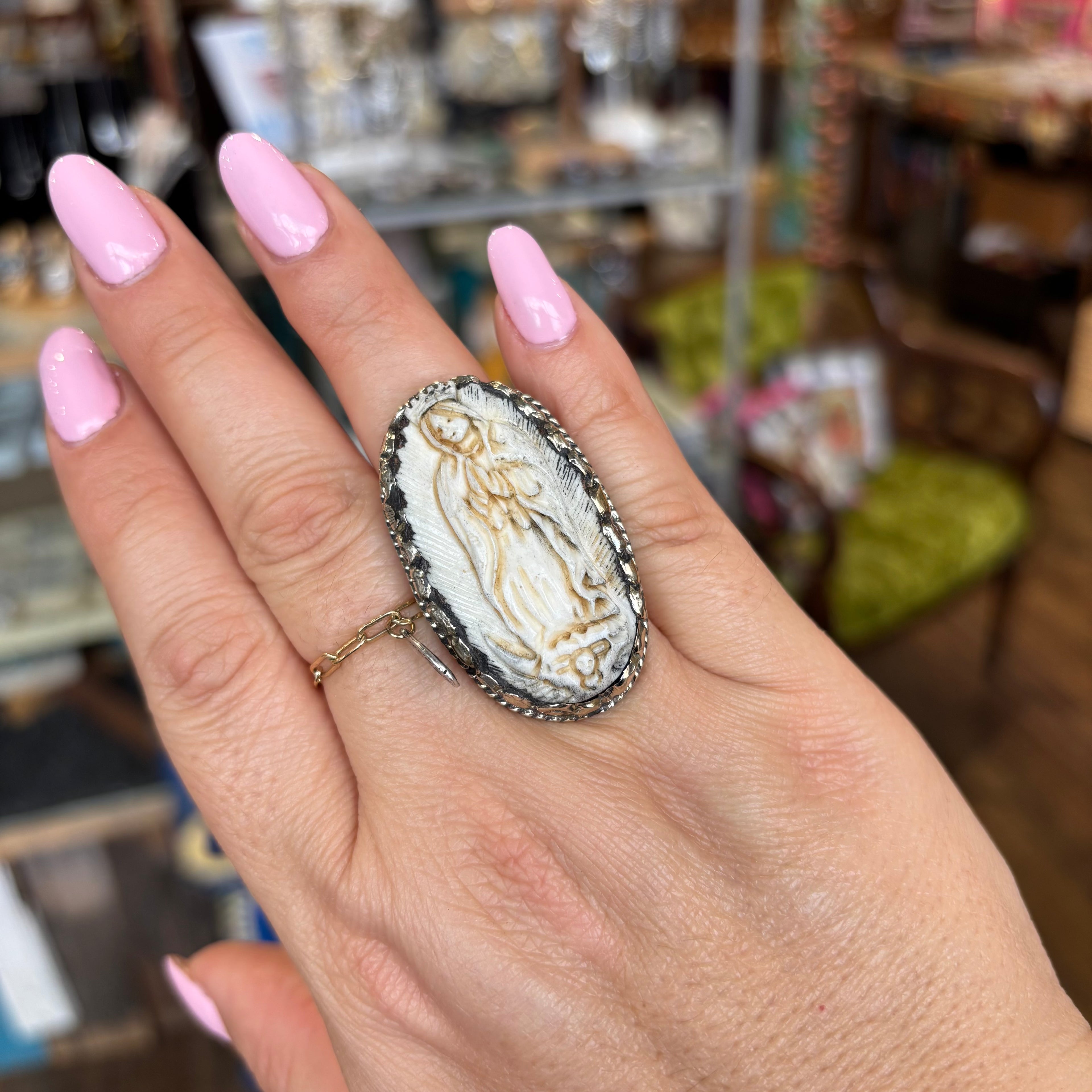 Beige Virgencita Long Chain Necklace or Ring