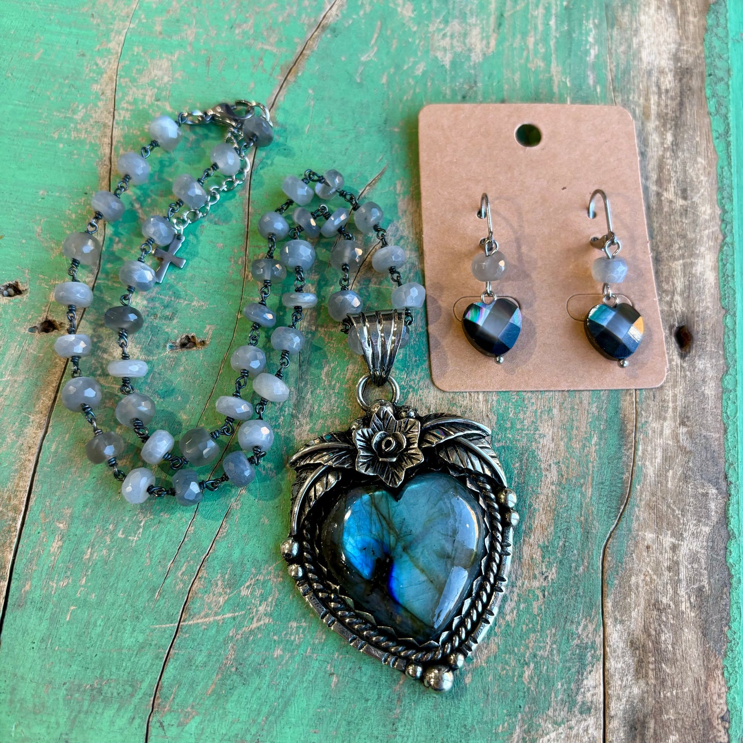 Labradorite Sacred Heart Necklace, Earrings and Rings