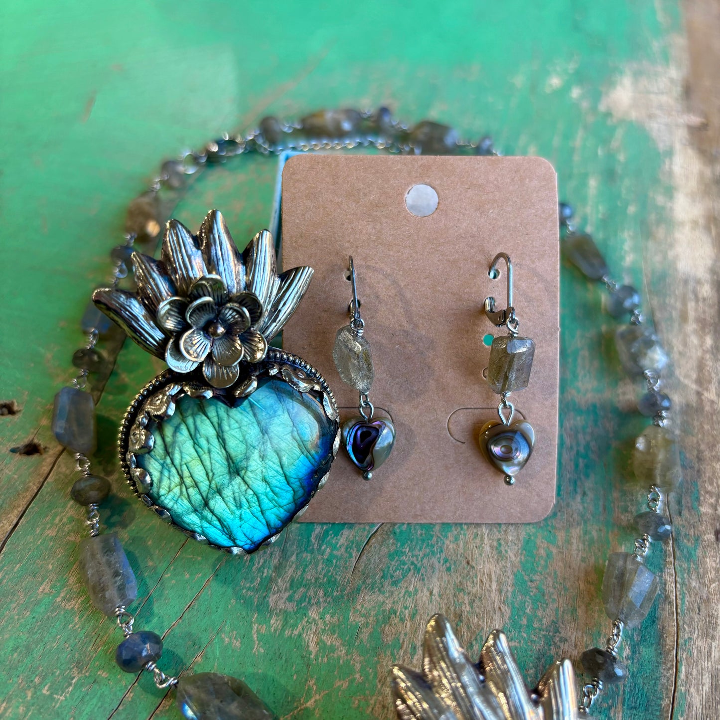 Labradorite Sacred Heart Necklace, Earrings and Rings