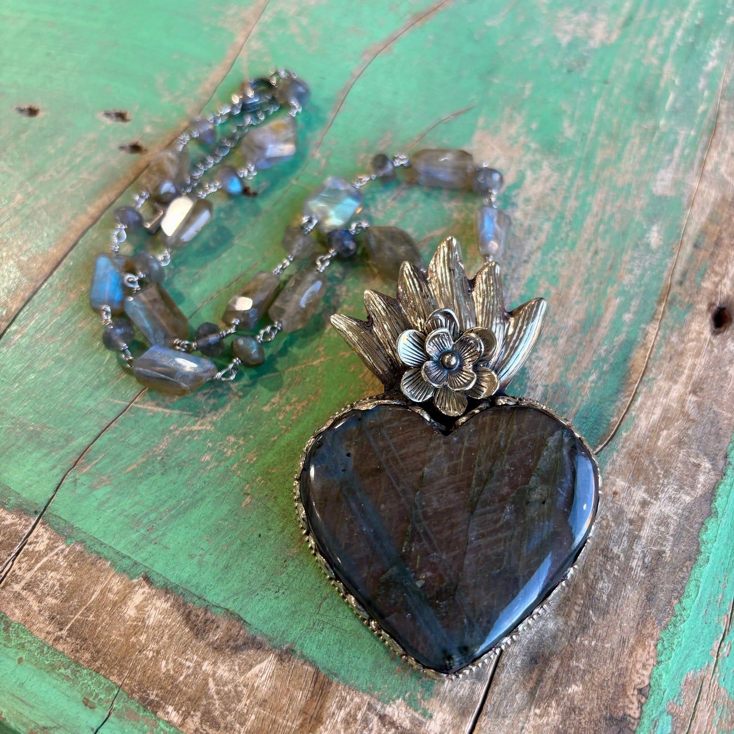 Labradorite Sacred Heart Necklace, Earrings and Rings