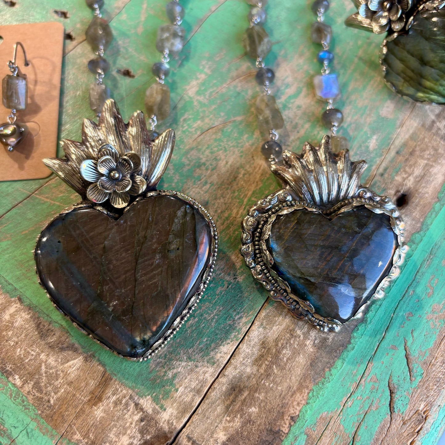 Labradorite Sacred Heart Necklace, Earrings and Rings