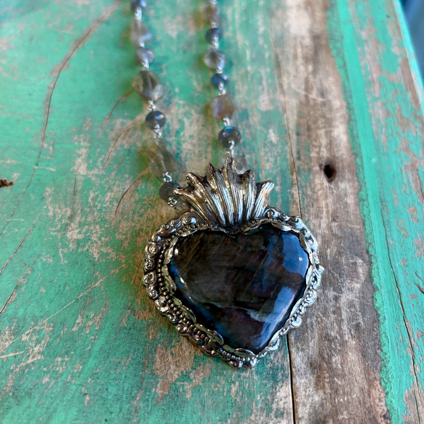 Labradorite Sacred Heart Necklace, Earrings and Rings