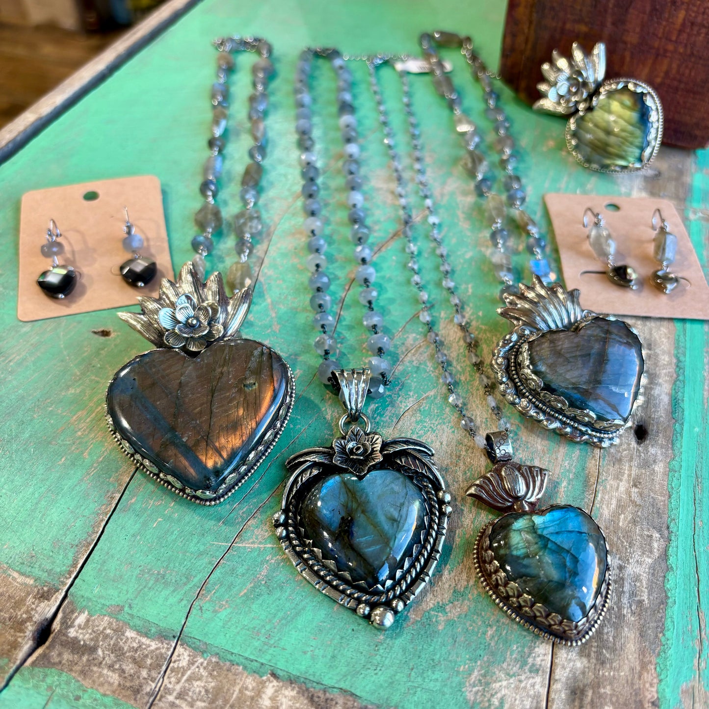 Labradorite Sacred Heart Necklace, Earrings and Rings