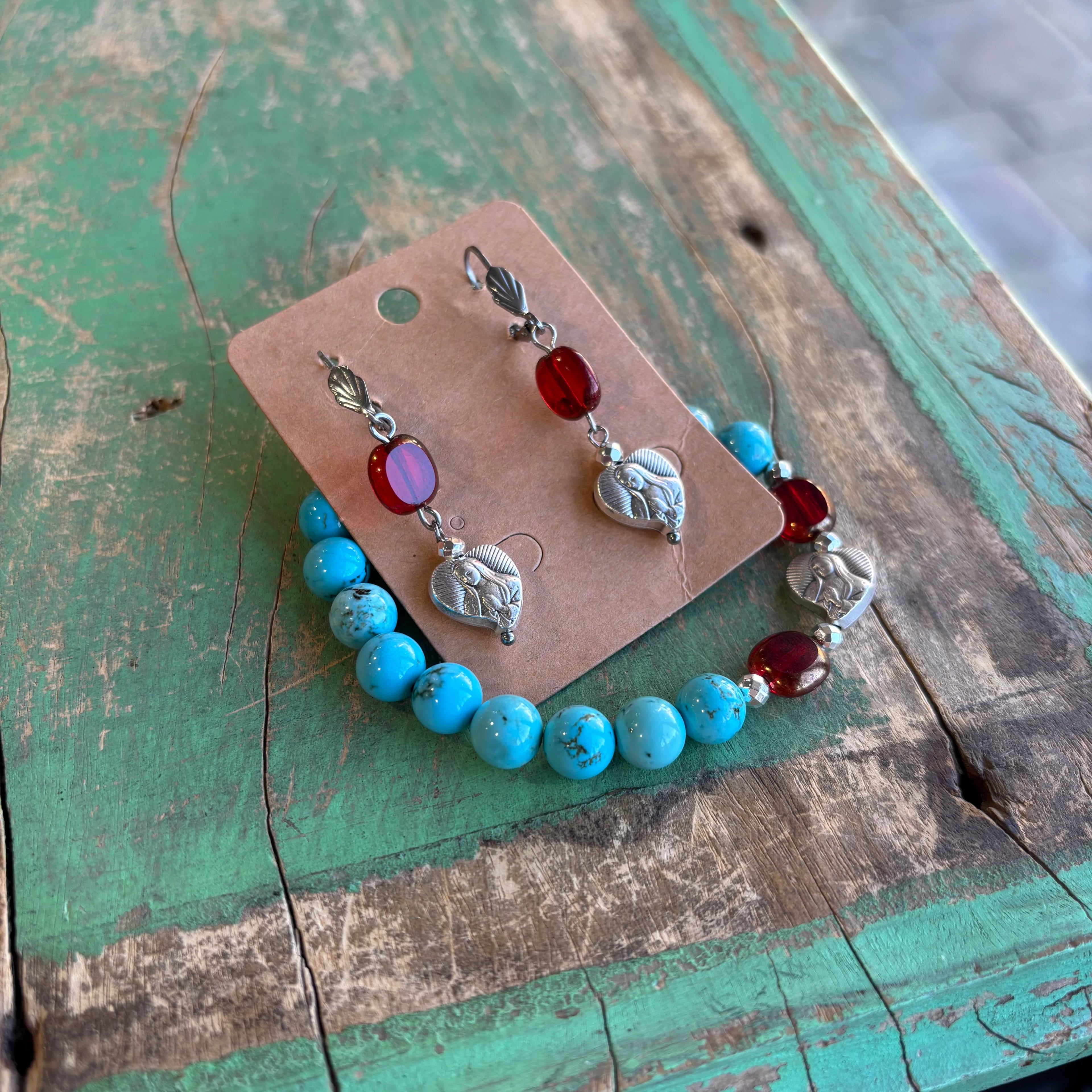 Turquoise and Red OLG Rose Bracelet or Earrings.