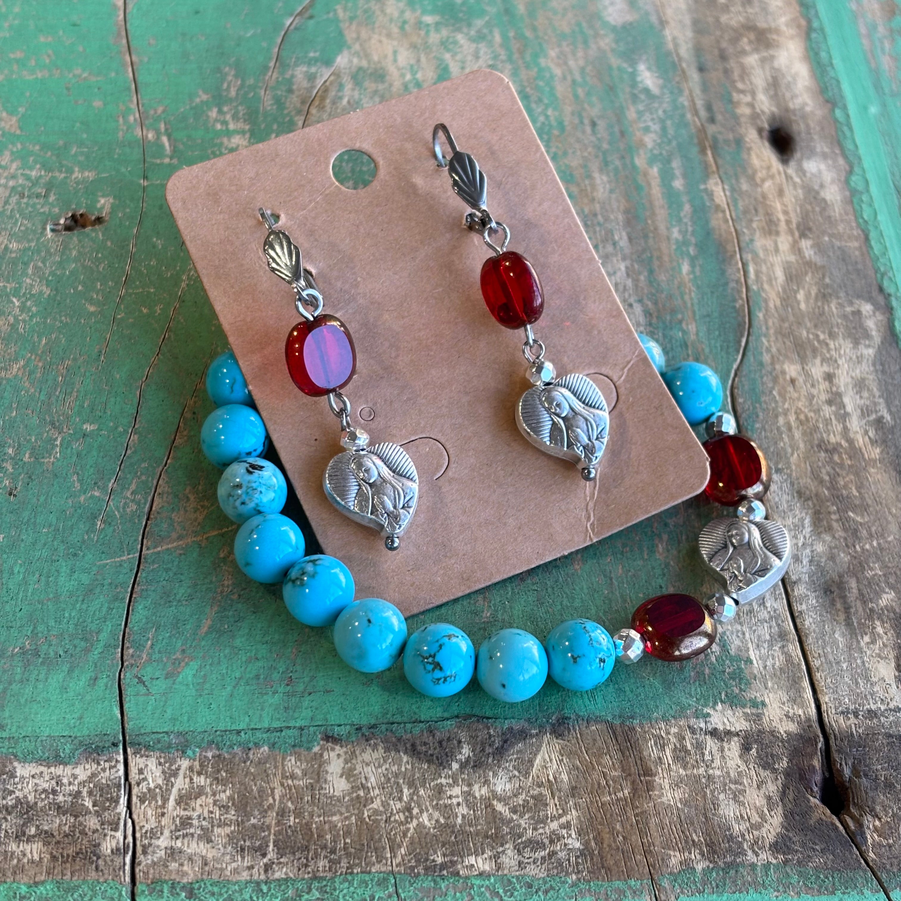 Turquoise and Red OLG Rose Bracelet or Earrings.