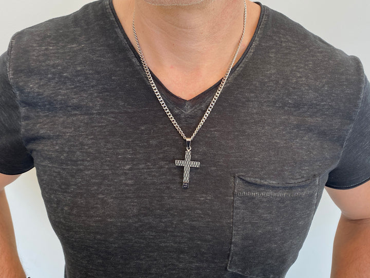 Silver Diamond Back Cross 24” Necklace