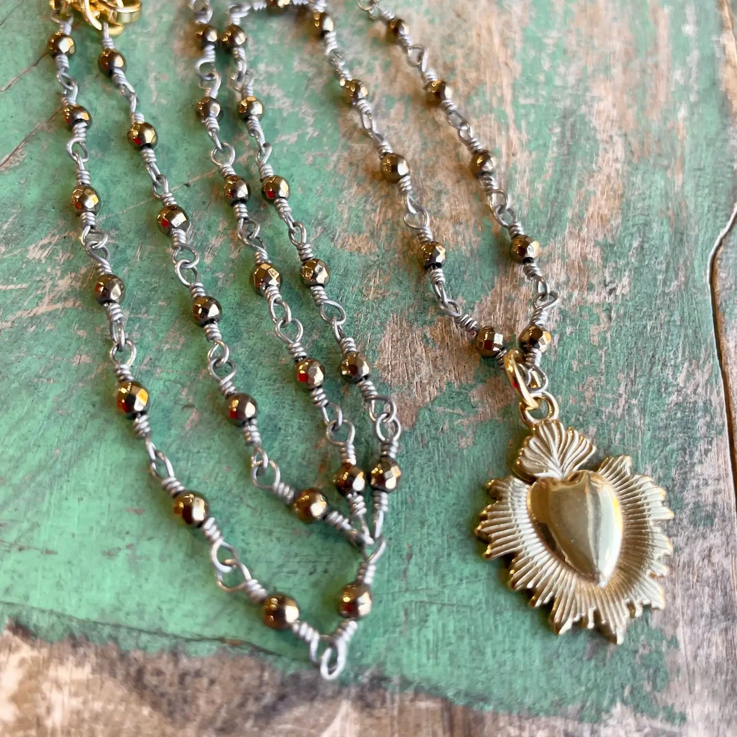 Hematite Gold Sacred Heart Necklace and Earrings