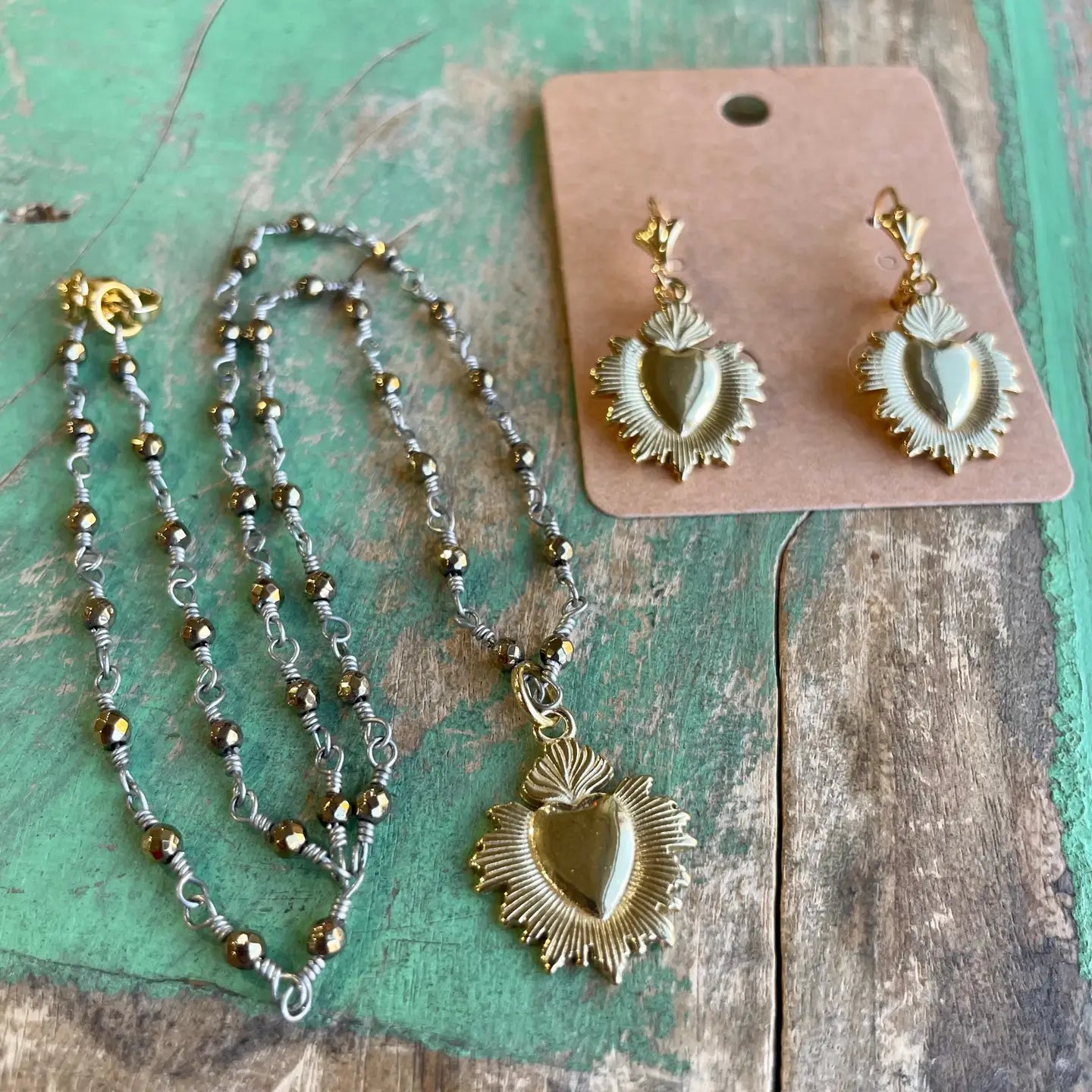 Hematite Gold Sacred Heart Necklace and Earrings
