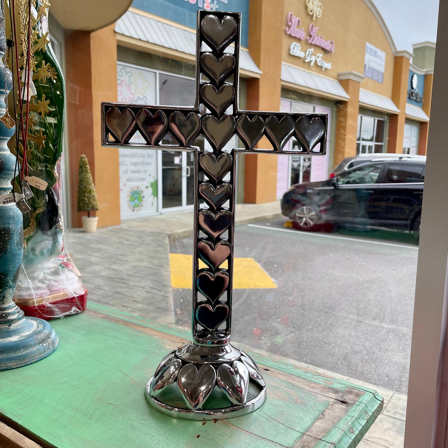 Pewter Standing Hearts Cross