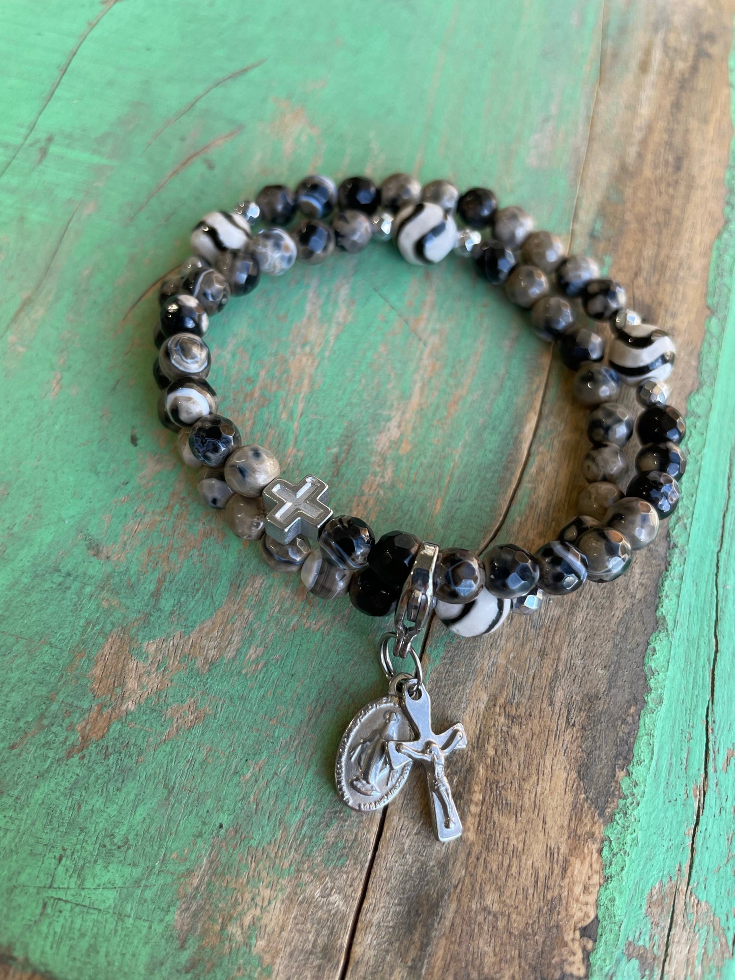 Rosary Wrap Bracelet with Silver Accents