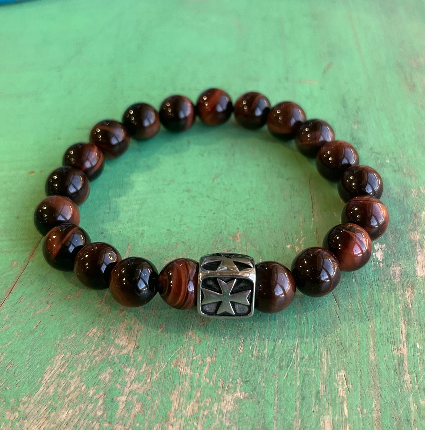 His & Hers Cherry Brown Tiger Eye Cross Bracelet