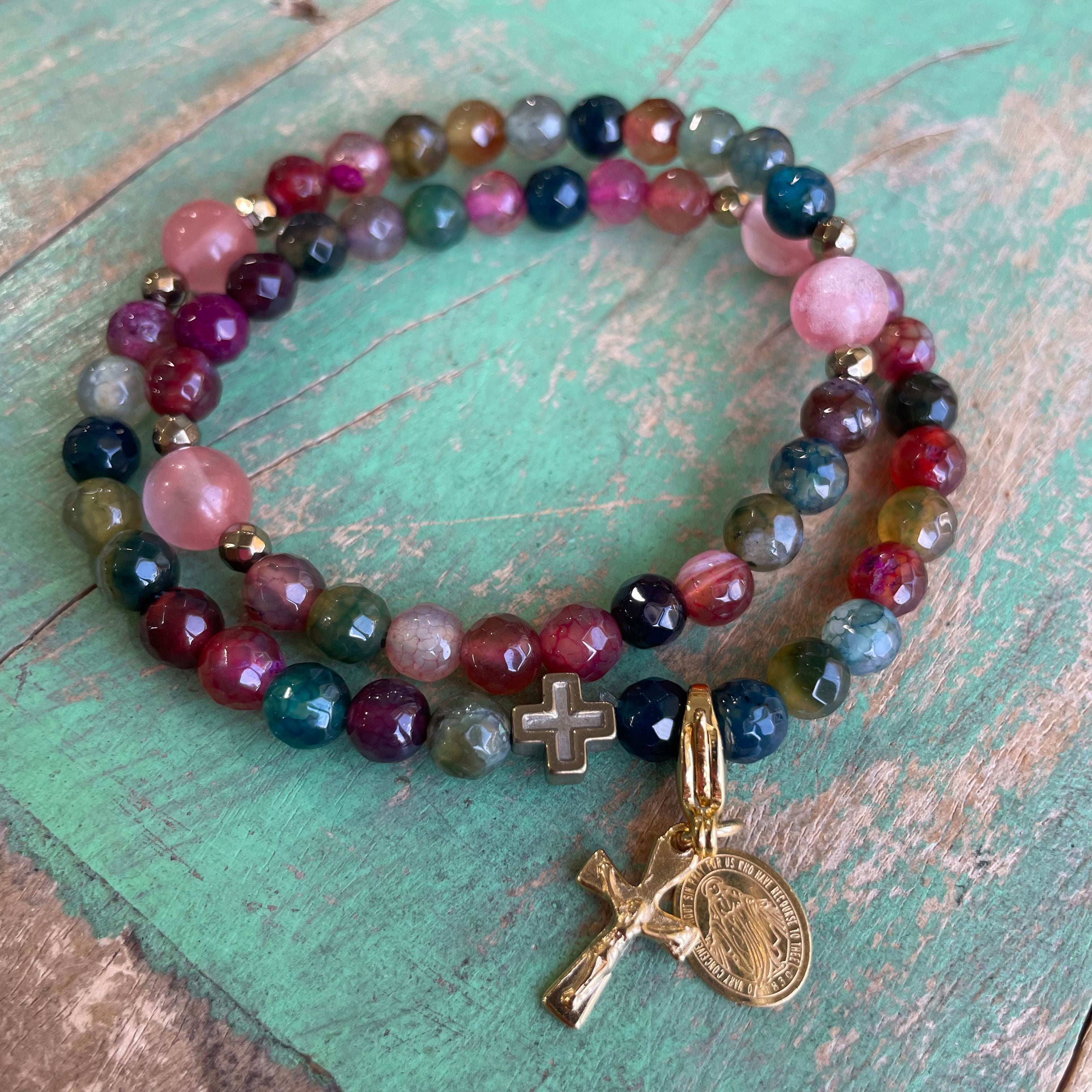 Rosary Wrap Bracelet with Silver Accents