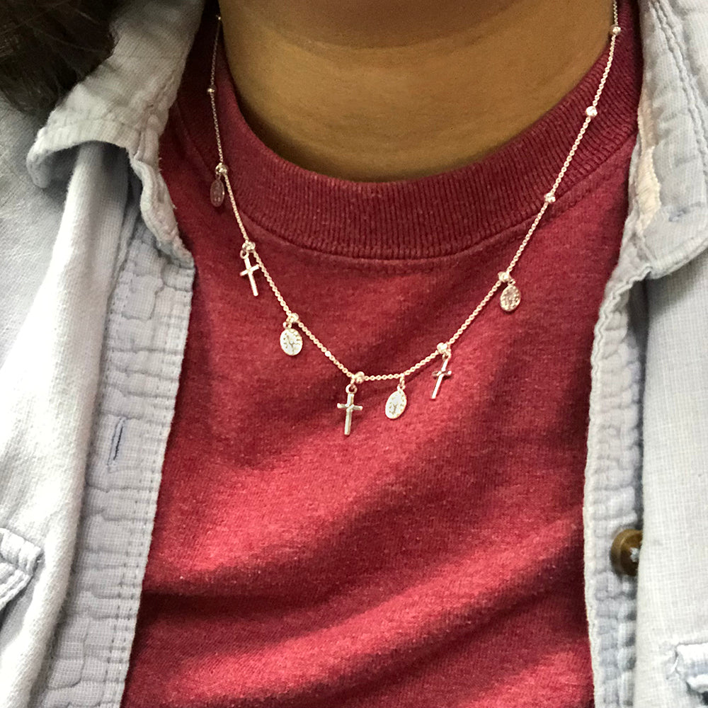 Sterling Silver Miraculous Medal and Tiny Cross Charm Necklace or Bracelet