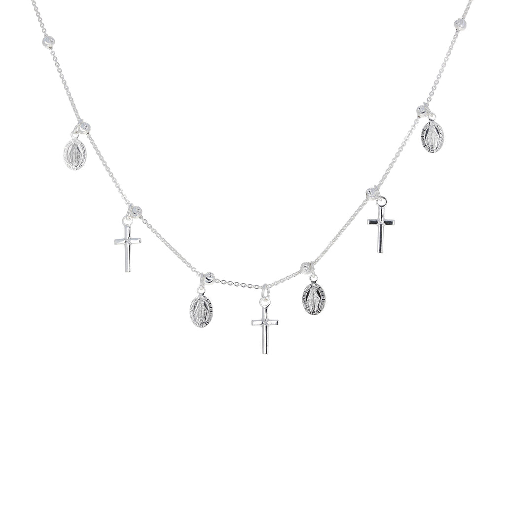 Sterling Silver Miraculous Medal and Tiny Cross Charm Necklace or Bracelet
