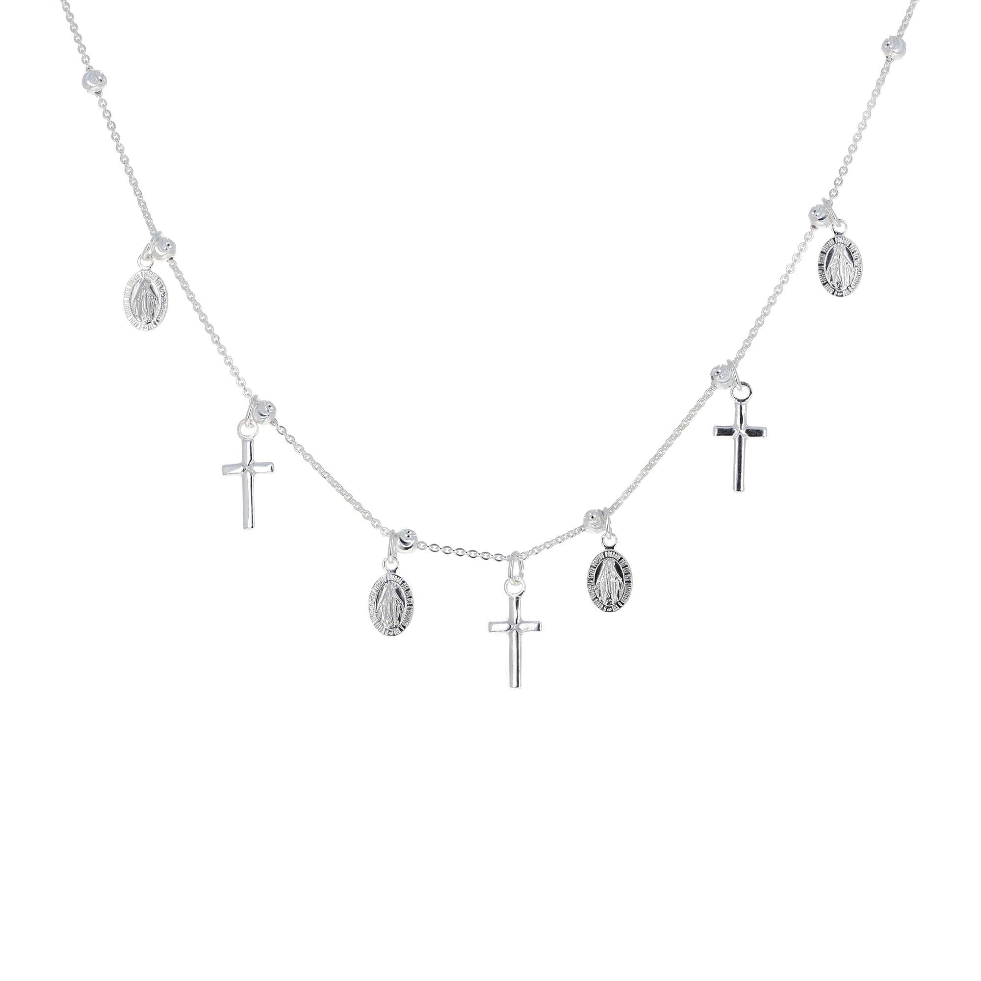 Sterling Silver Miraculous Medal and Tiny Cross Charm Necklace or Bracelet