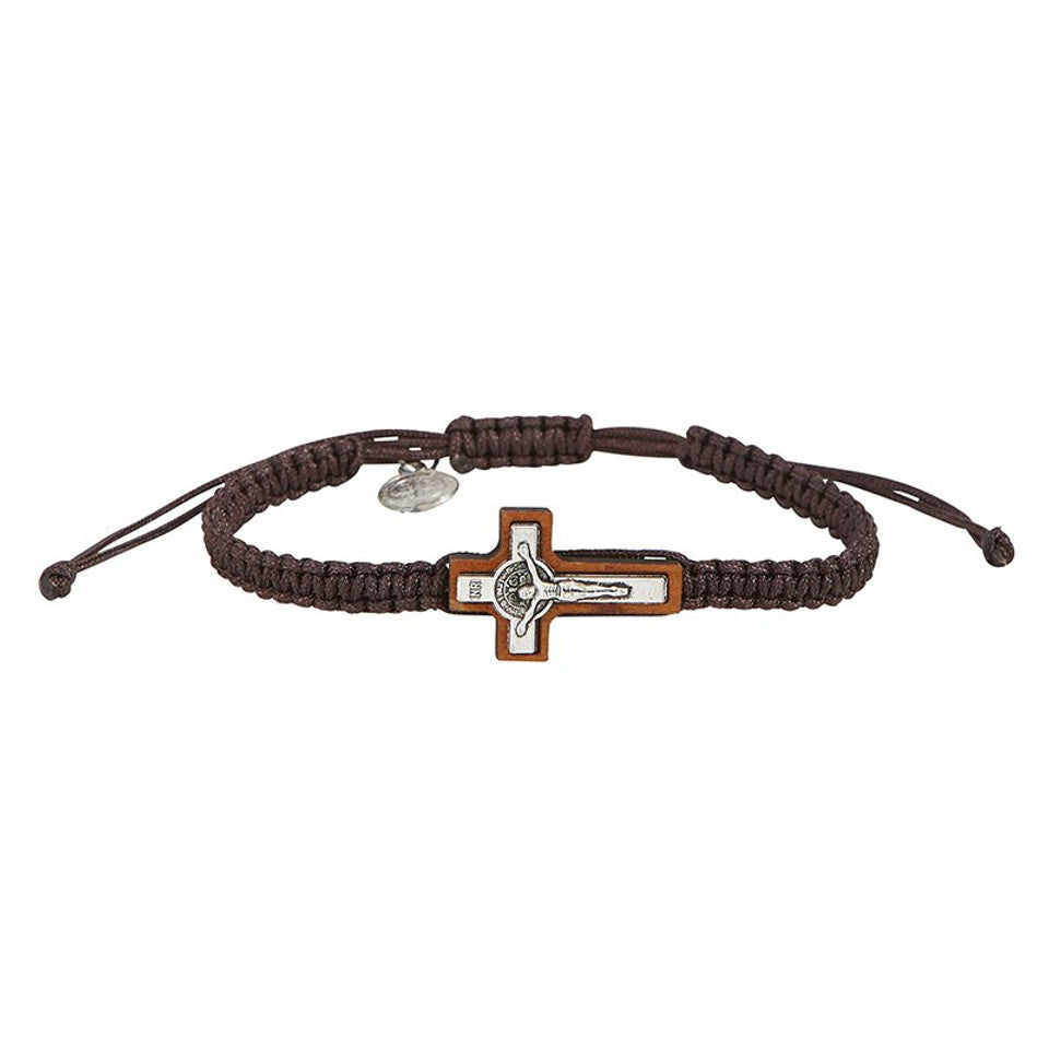 Wood St Benedict Crucifix Cord Bracelet