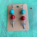 Red and Turquoise Cross Necklace and Earring Set