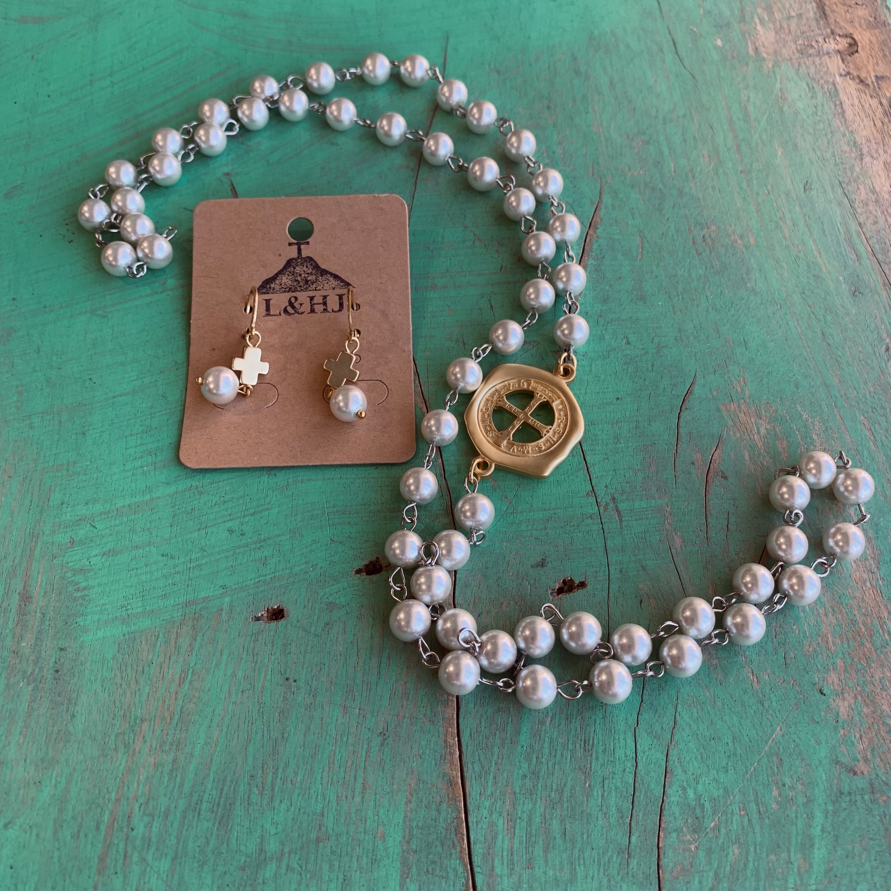 St Benedict Link Pearl Necklace and Earrings