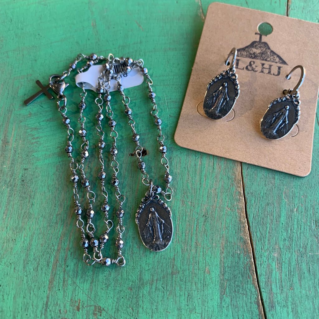 Silver Hematite Faith Necklace Set