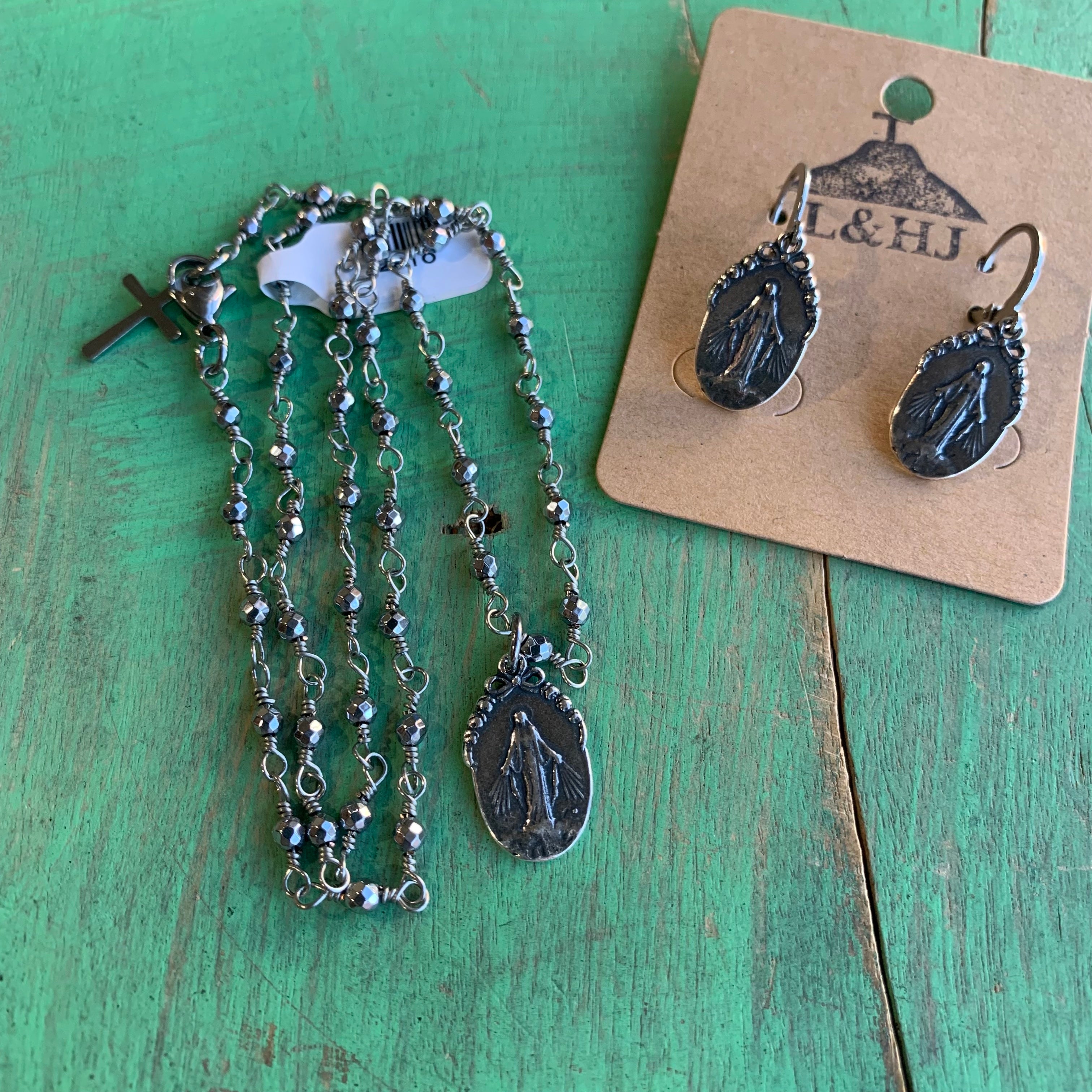 Silver Hematite Faith Necklace Set