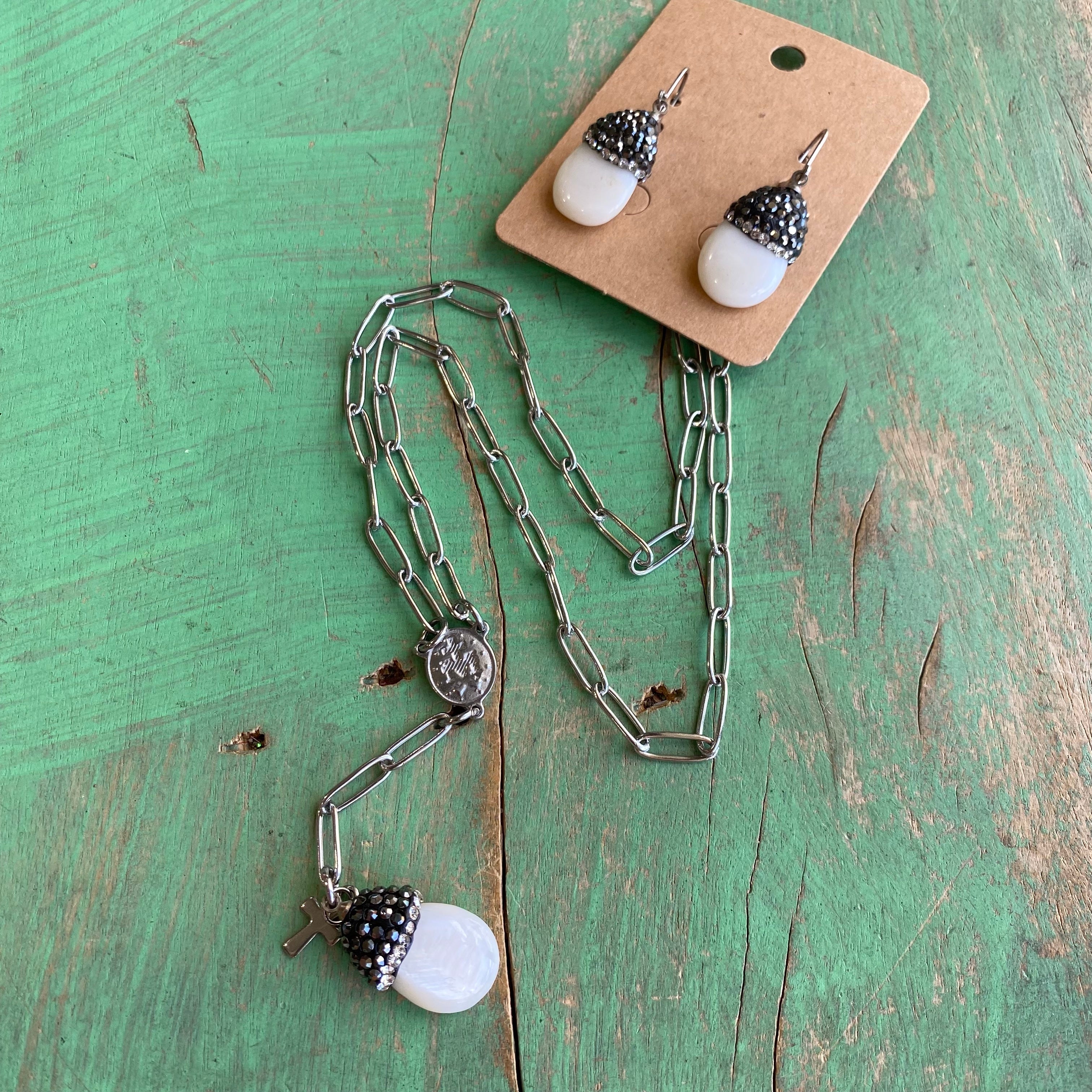 Pearl Pave Paperclip Necklace and Earrings Set