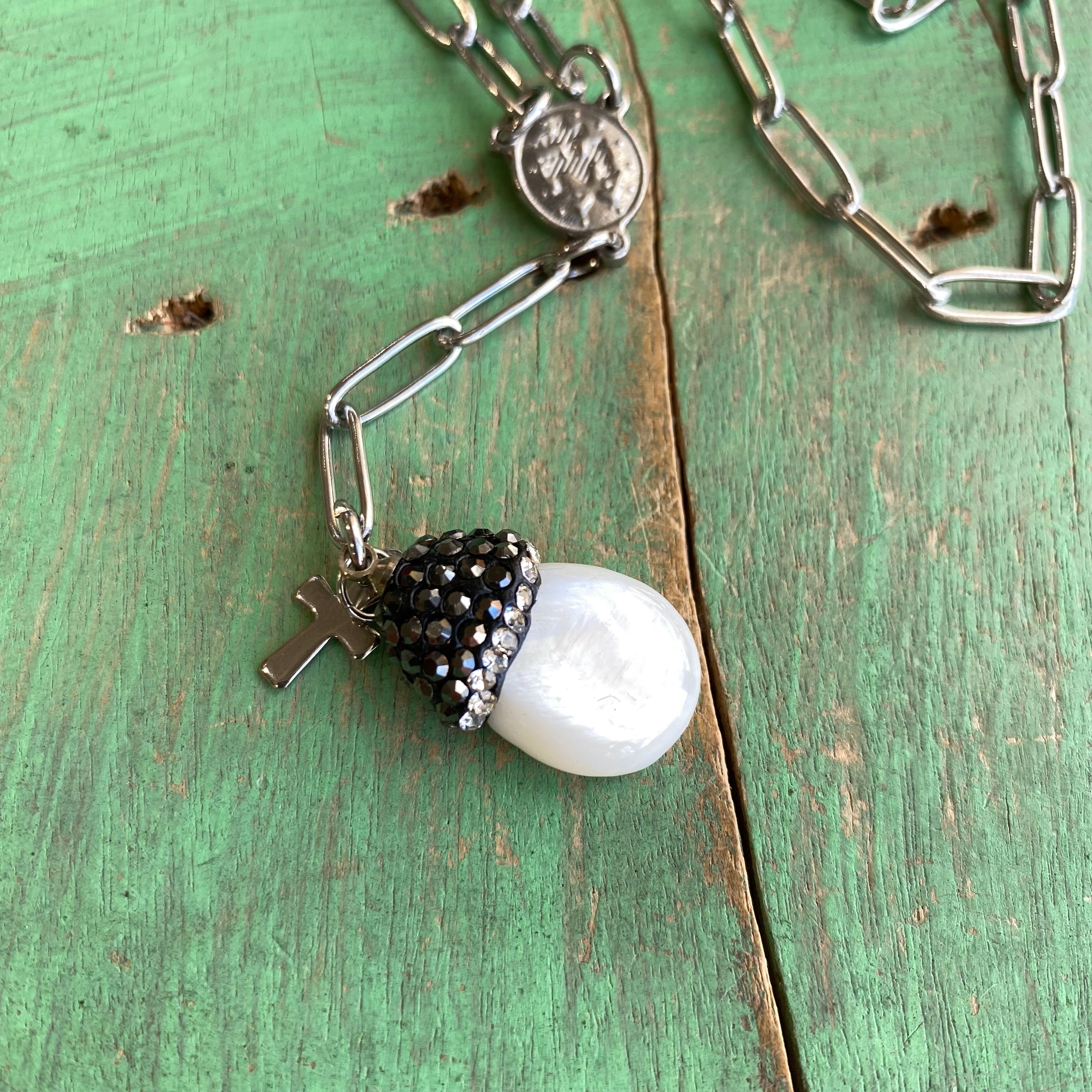 Pearl Pave Paperclip Necklace and Earrings Set