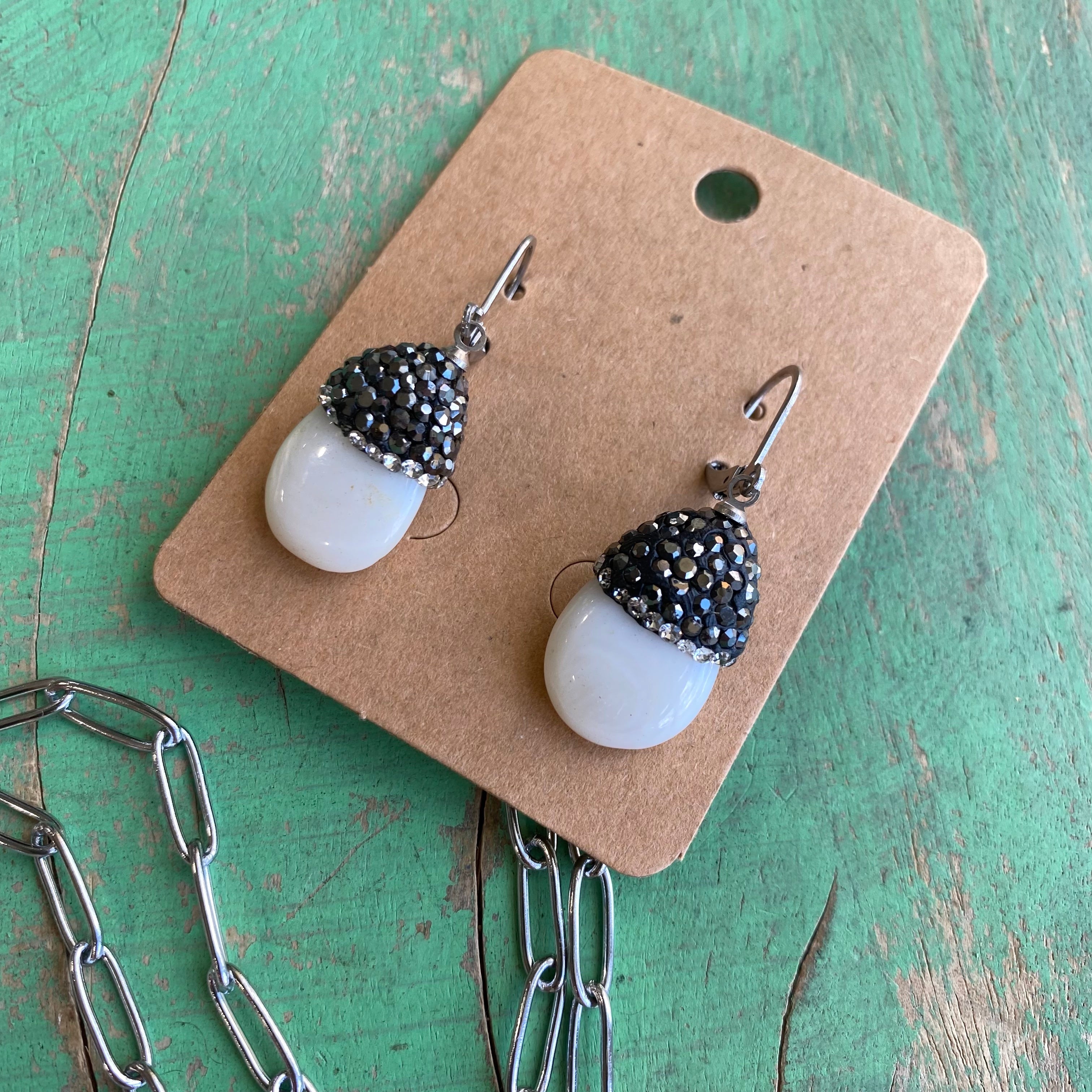 Pearl Pave Paperclip Necklace and Earrings Set