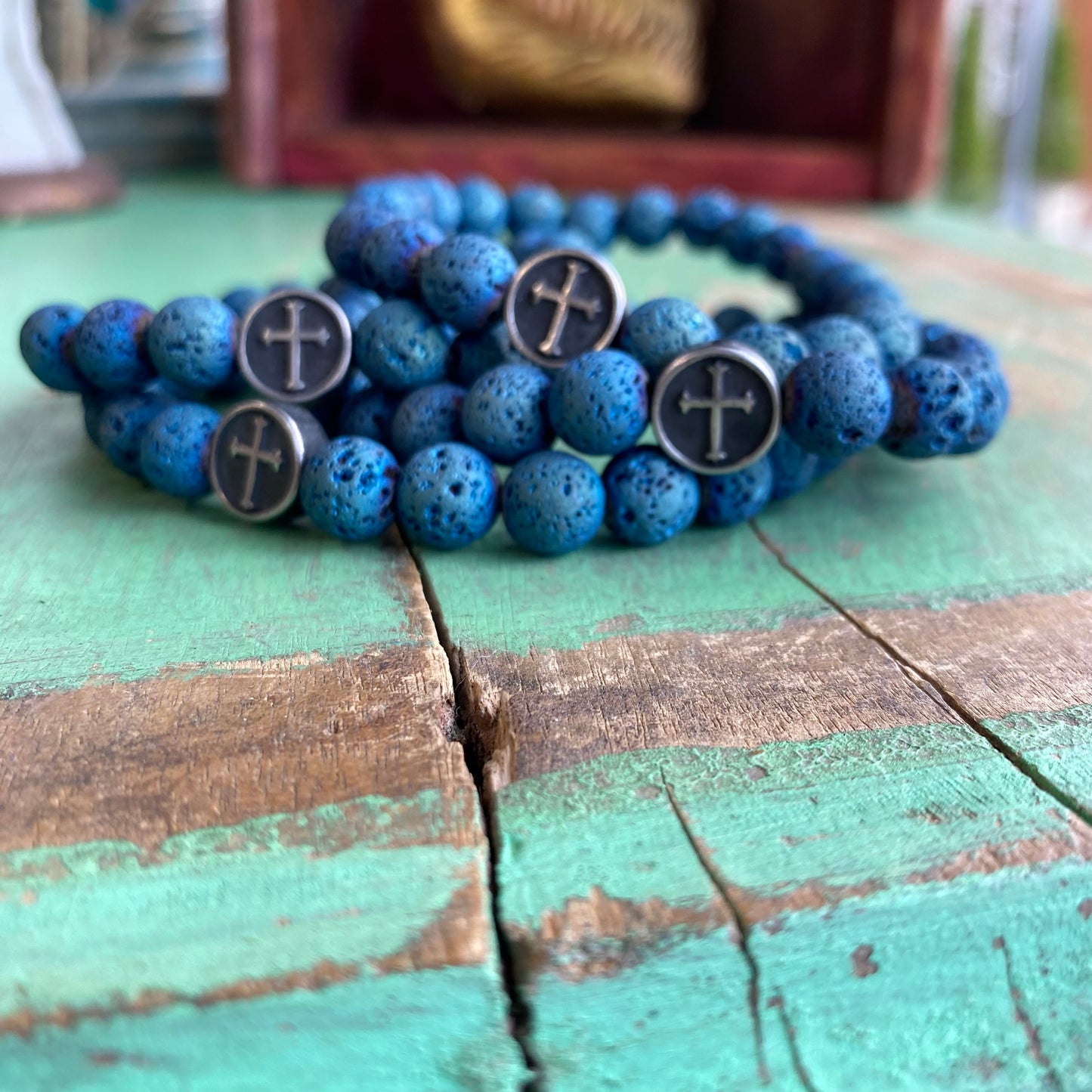 Blue Lava Bead Cross Bracelet