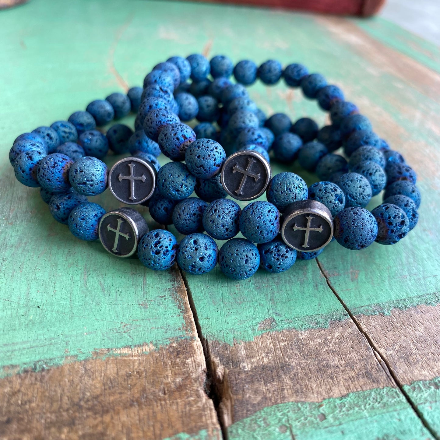 Blue Lava Bead Cross Bracelet