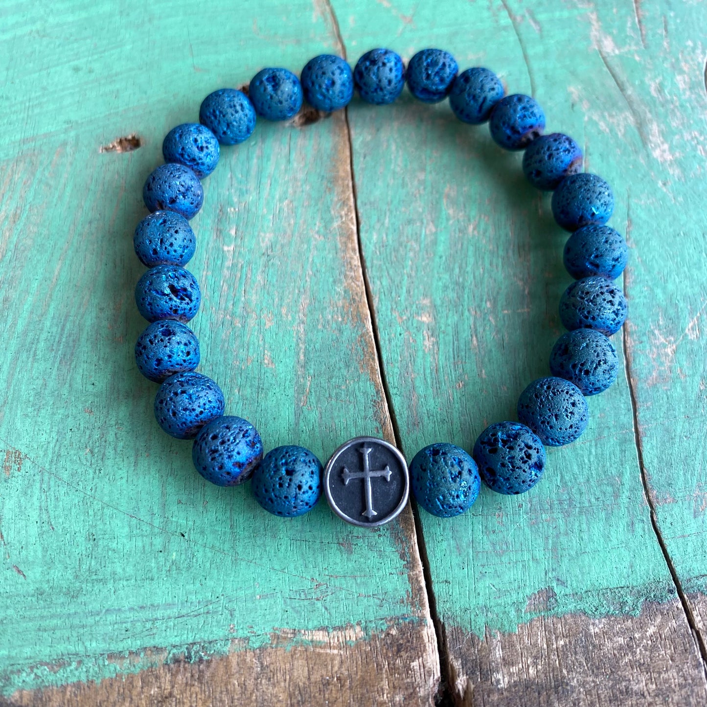 Blue Lava Bead Cross Bracelet