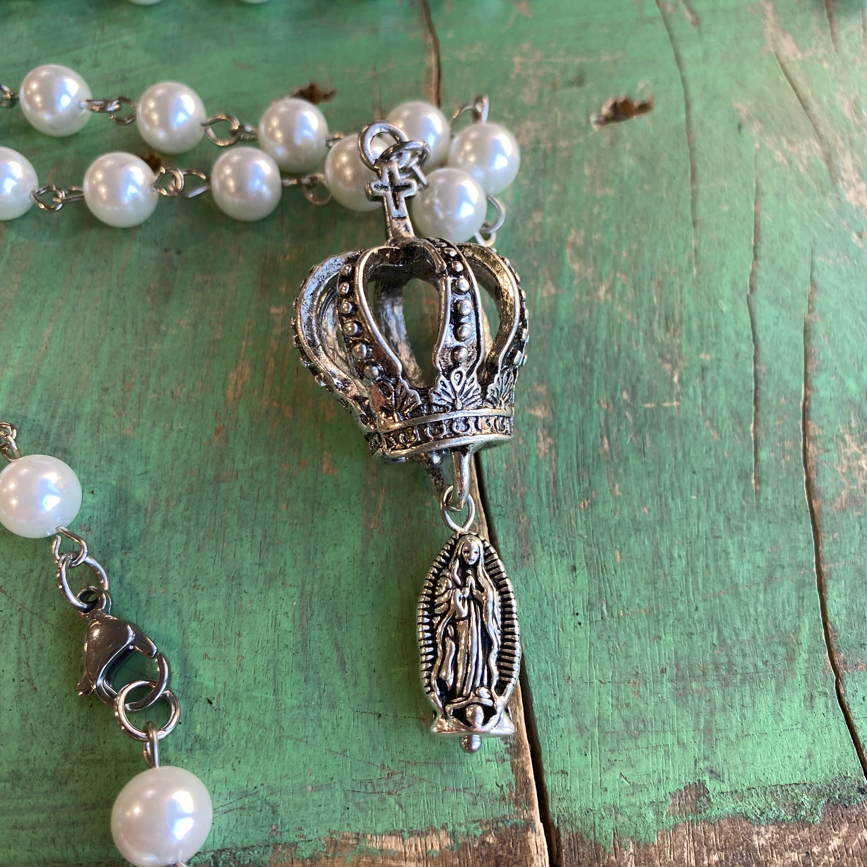 Silver Crown of Mary Pearl Necklace Set