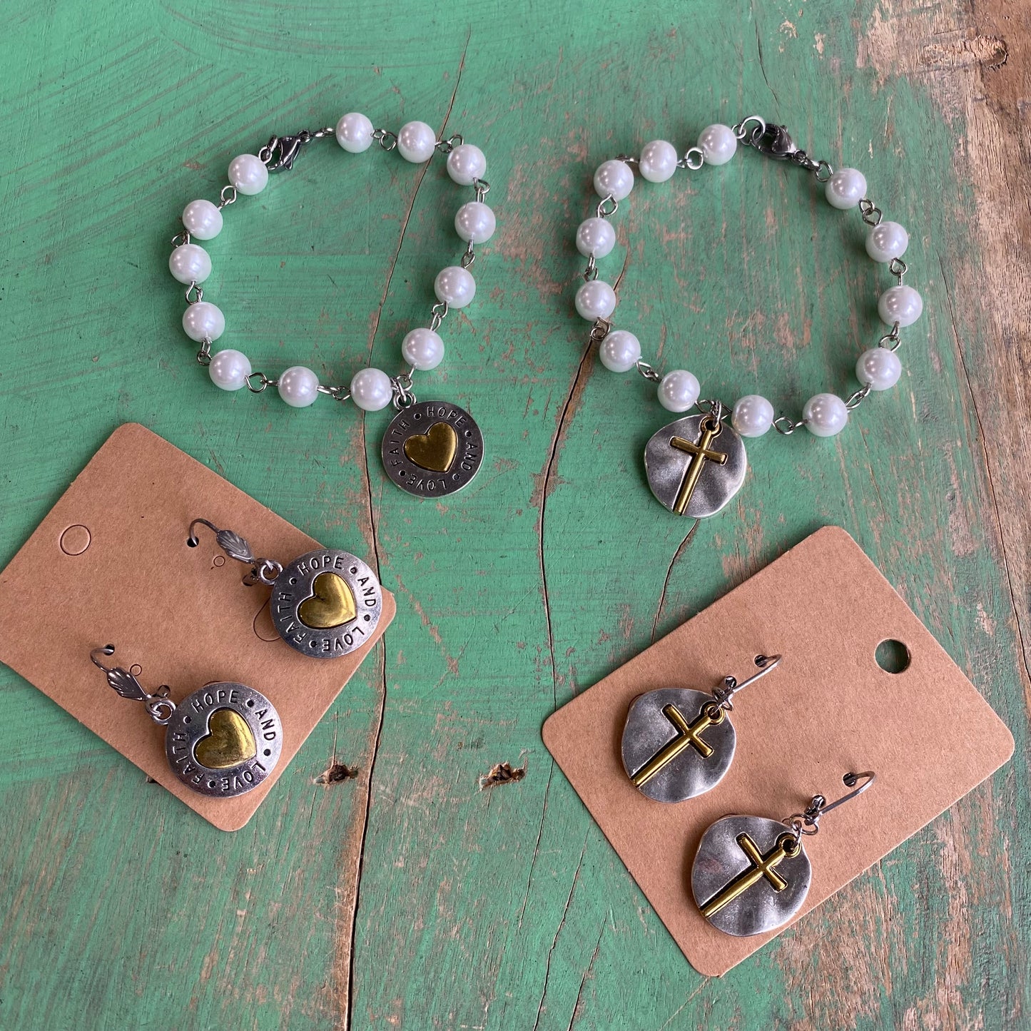 Heart and Cross of Gold Glass Pearl Bracelet and Earrings Set