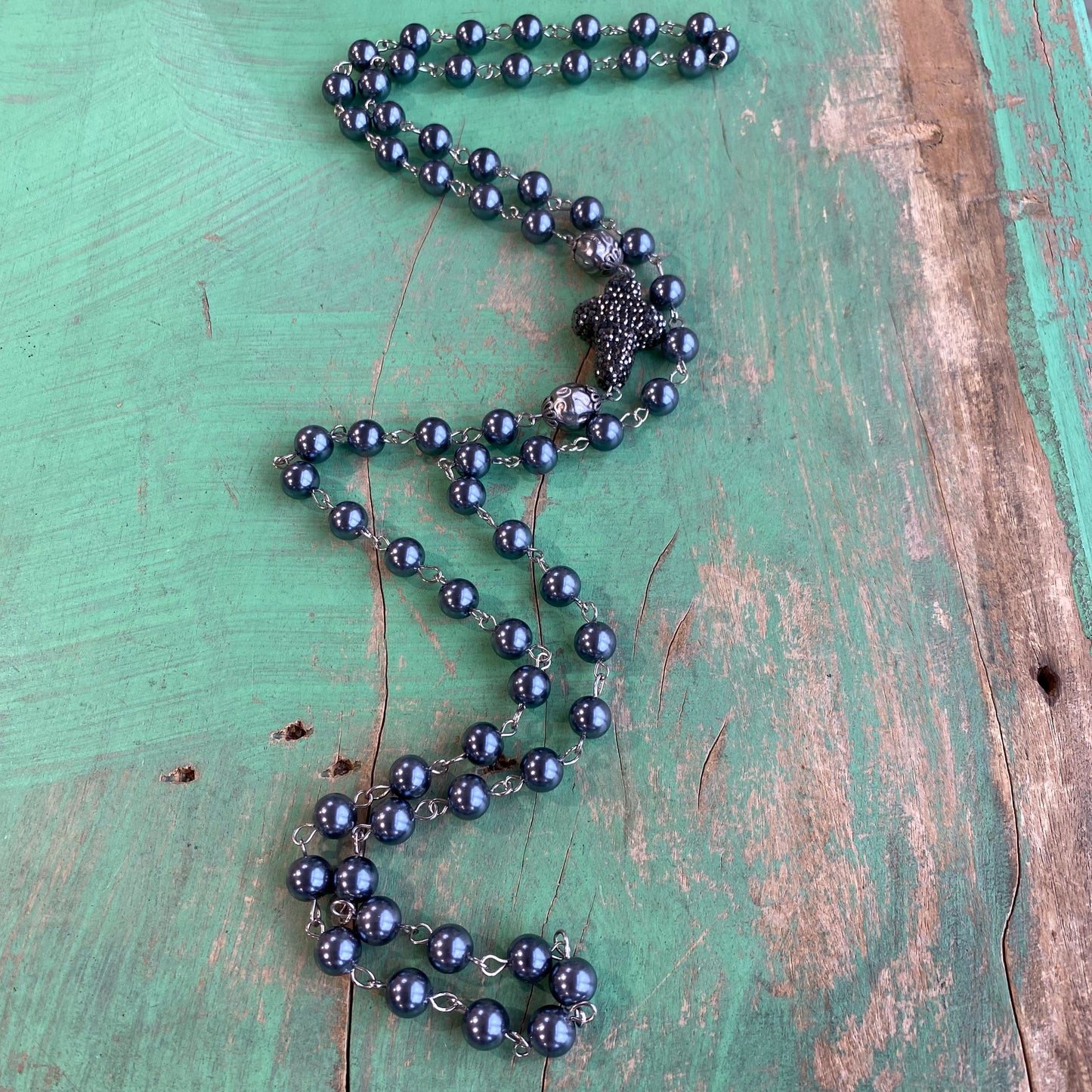 Blue Pearl and Pave Cross Necklace and Earrings