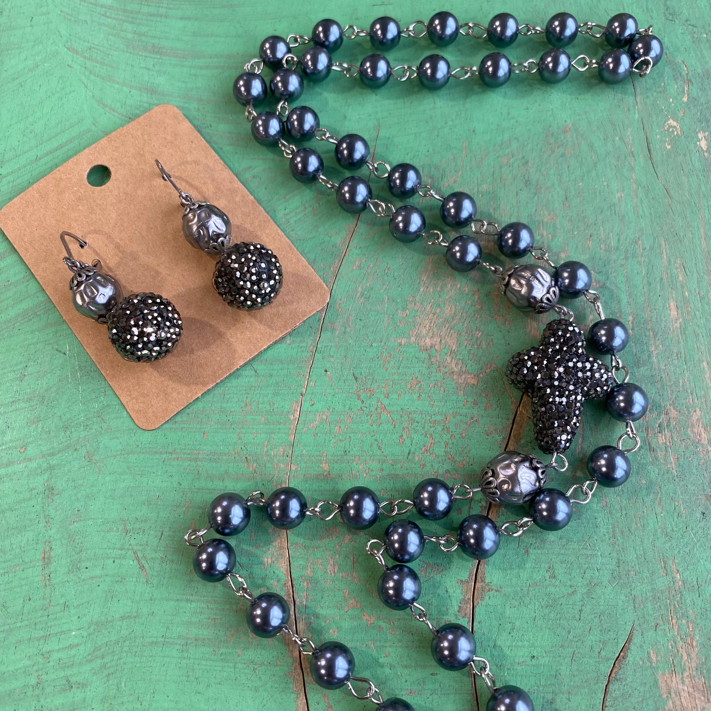 Blue Pearl and Pave Cross Necklace and Earrings