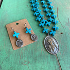 Turquoise Cross Link Double Layer Necklace and Earrings Set
