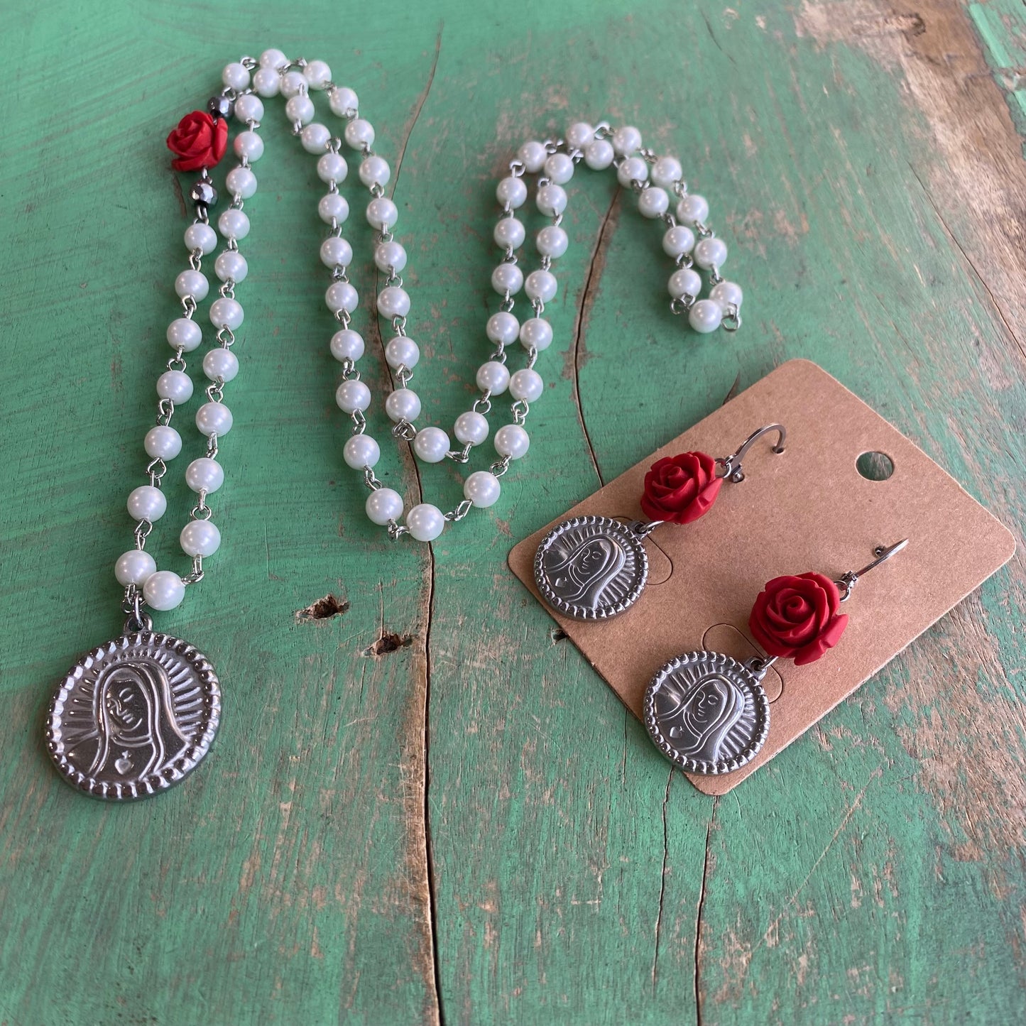 Pearl and Red Rose OLG Necklace & Earrings Set