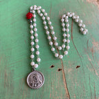 Pearl and Red Rose OLG Necklace & Earrings Set