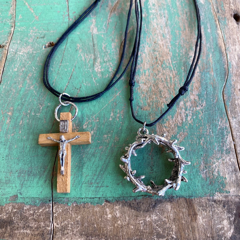 Crown of Thorns/Wood Crucifix Cord Necklace