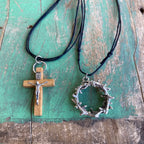 Crown of Thorns/Wood Crucifix Cord Necklace