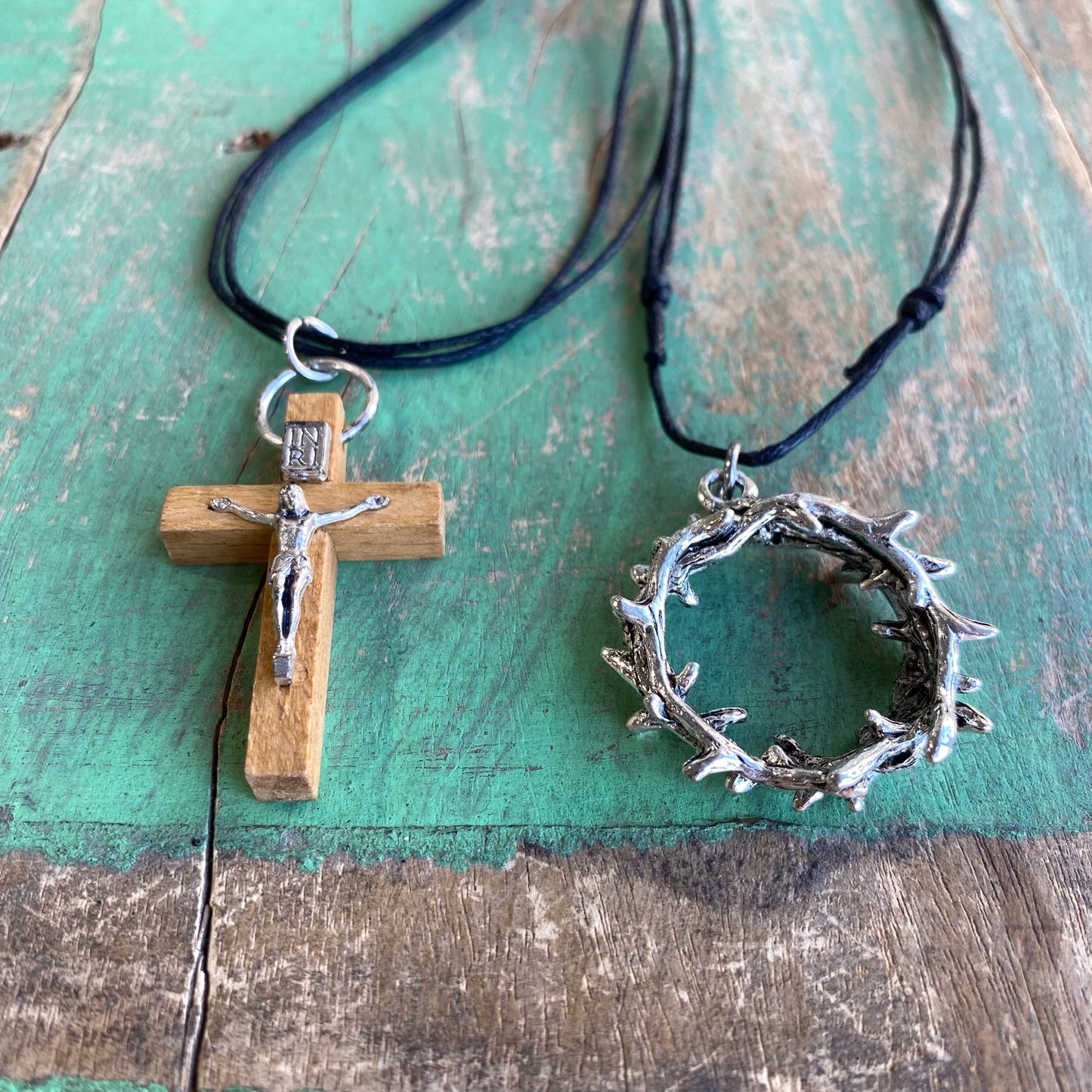 Crown of Thorns/Wood Crucifix Cord Necklace