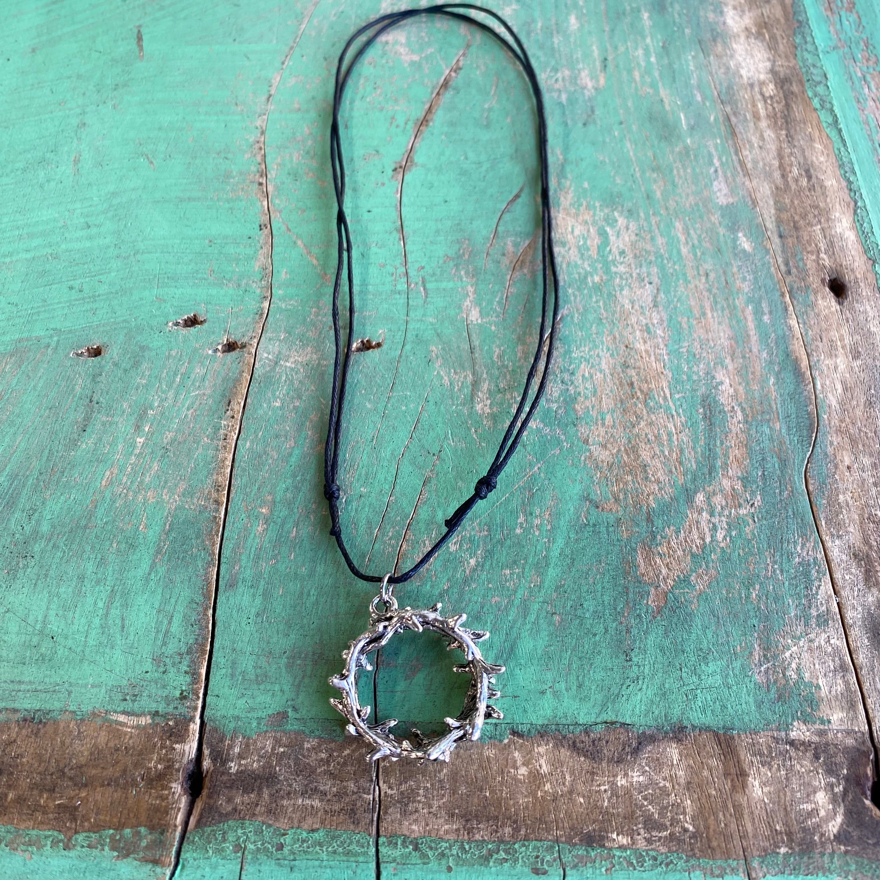 Crown of Thorns/Wood Crucifix Cord Necklace