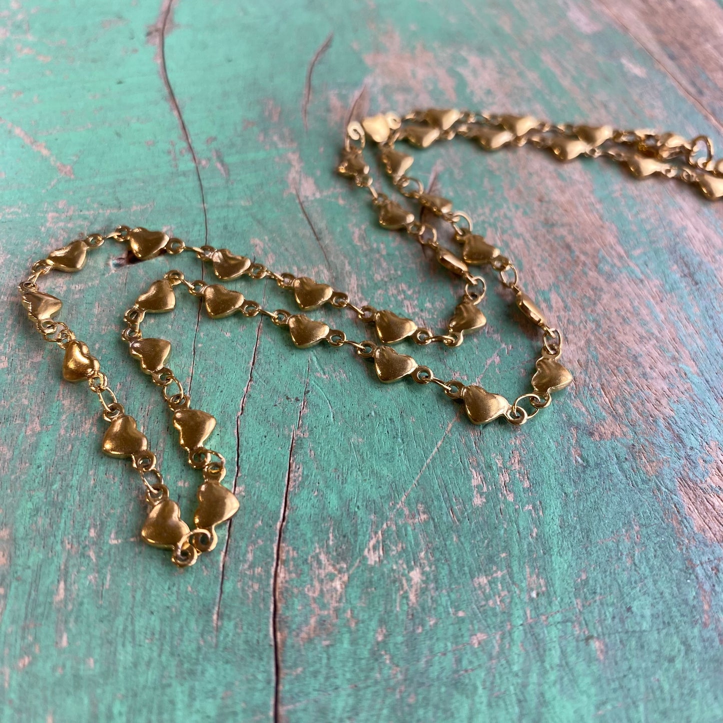 Gold Solid Linked Heart Chain Necklace or Bracelet