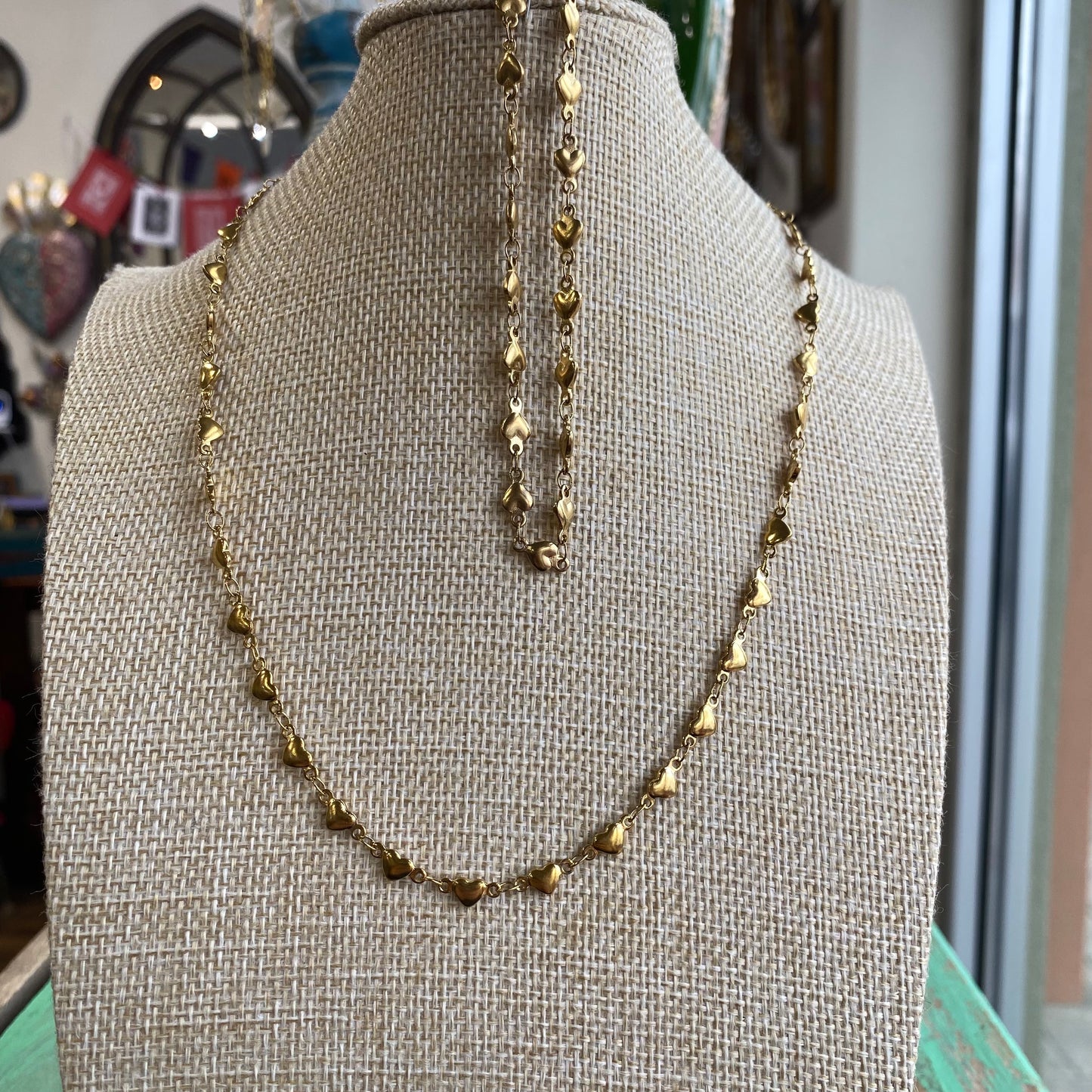 Gold Solid Linked Heart Chain Necklace or Bracelet