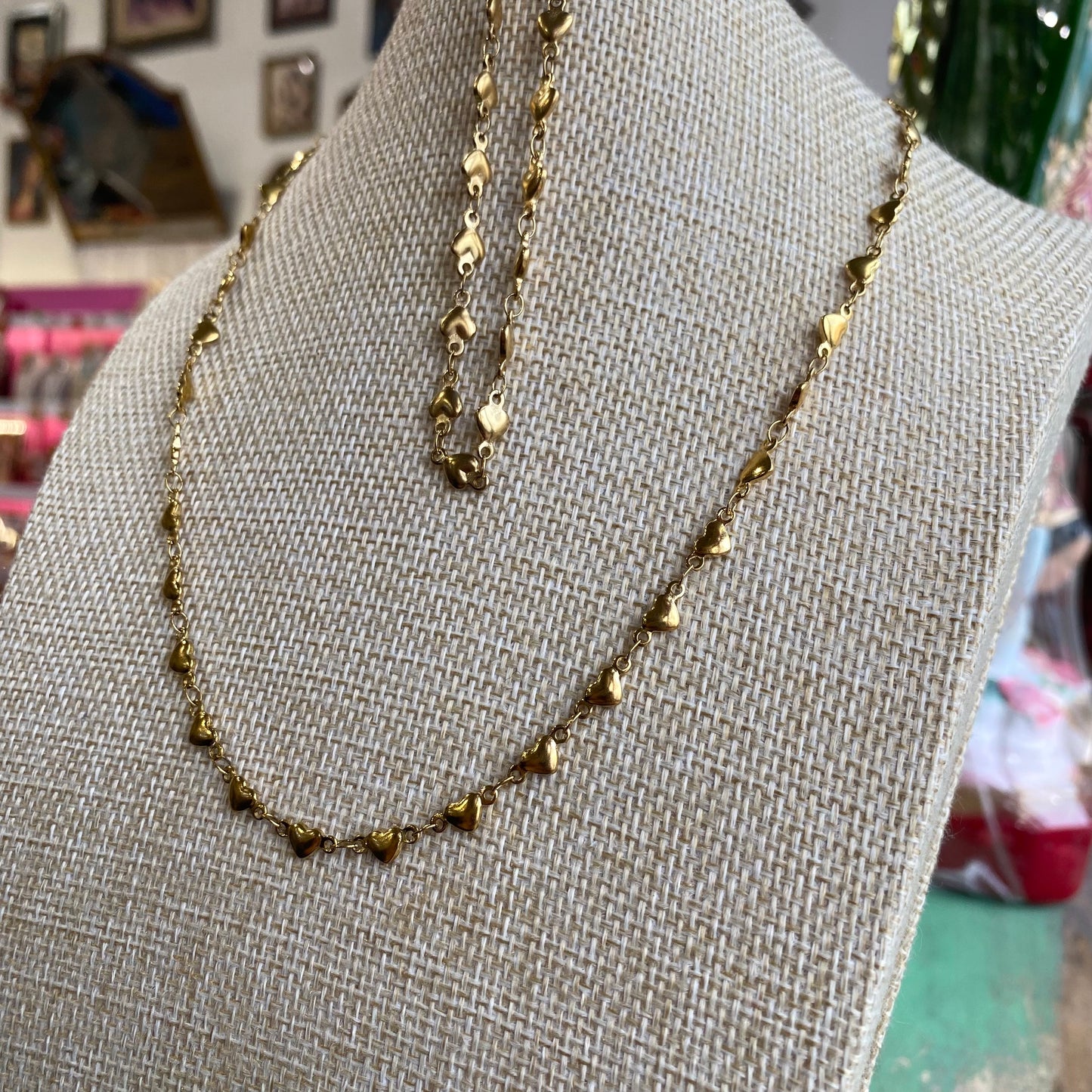 Gold Solid Linked Heart Chain Necklace or Bracelet