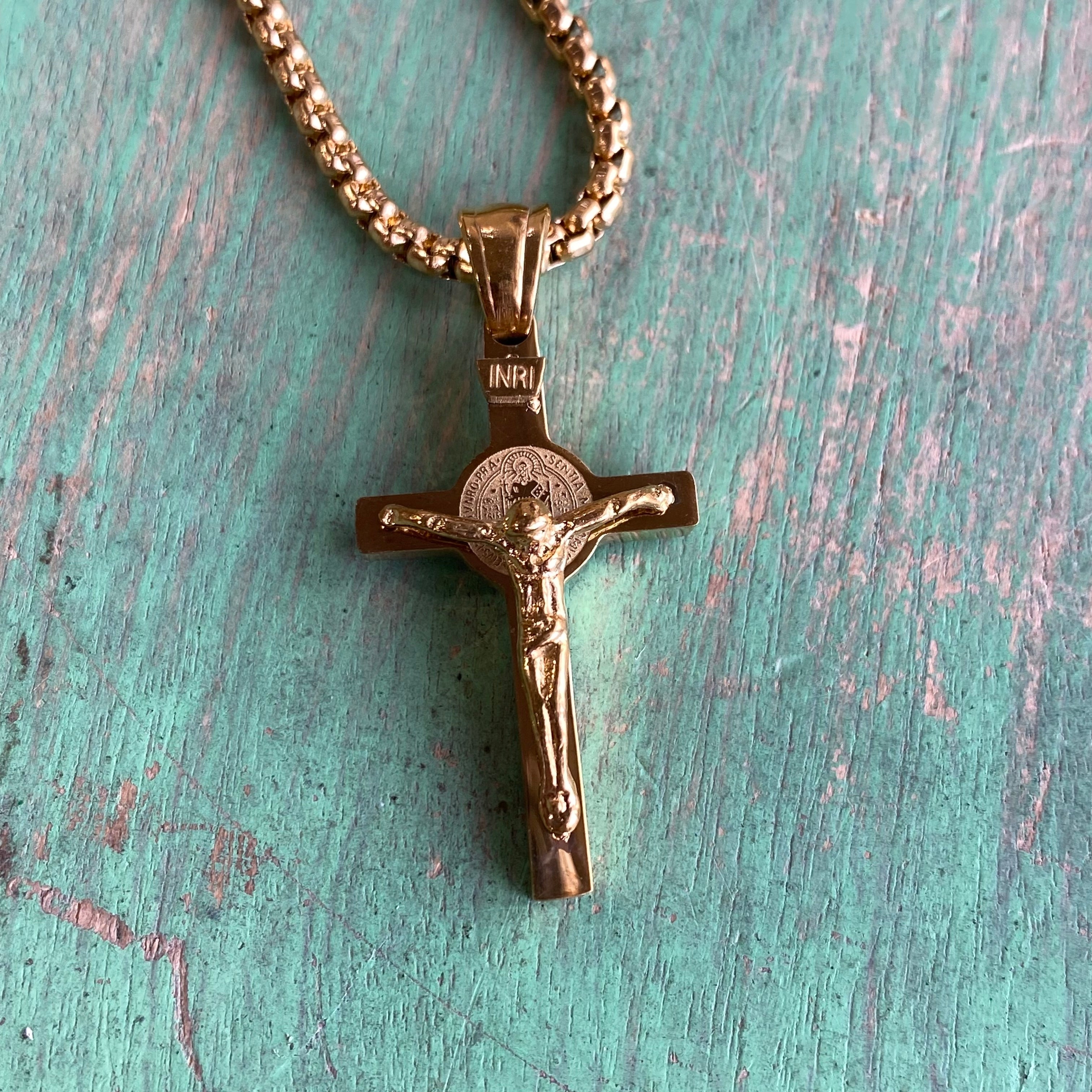 Gold Stainless Steel St Benedict Crucifix Chain
