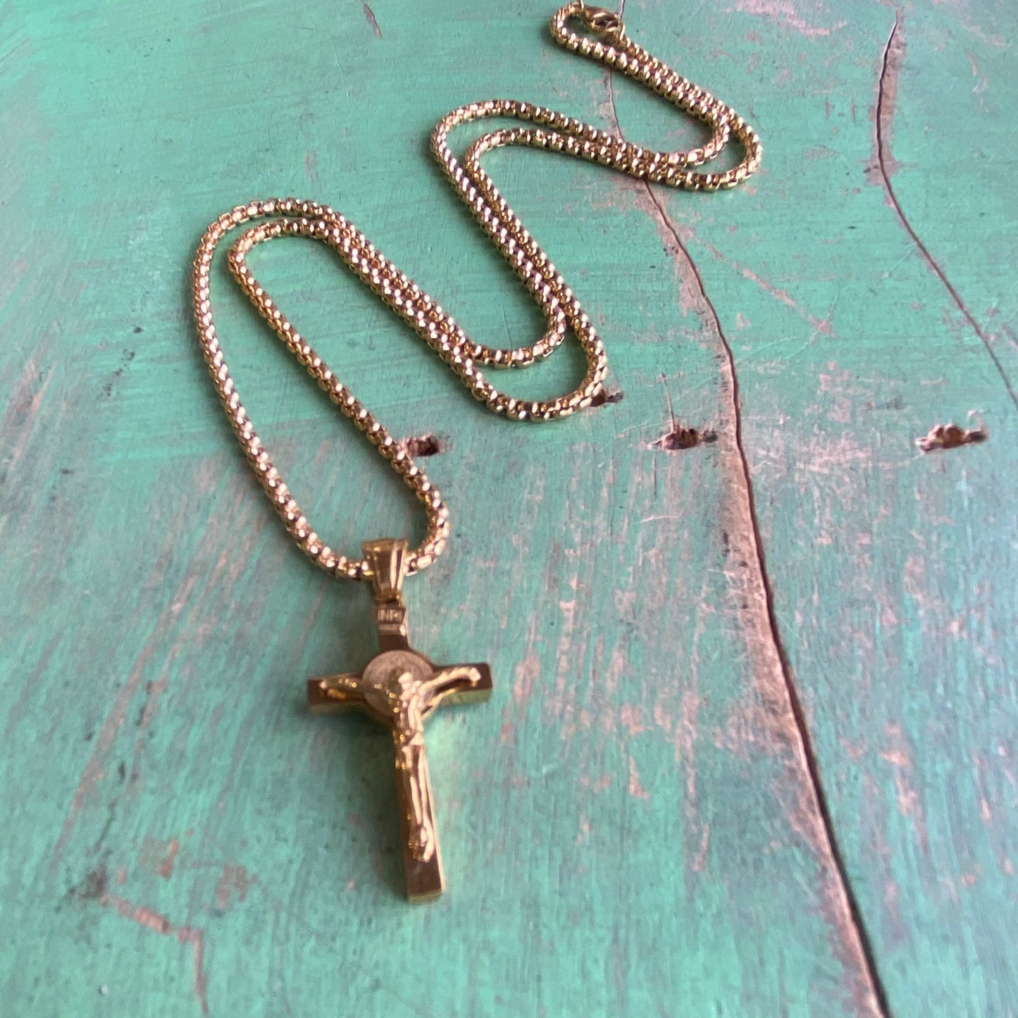 Gold Stainless Steel St Benedict Crucifix Chain