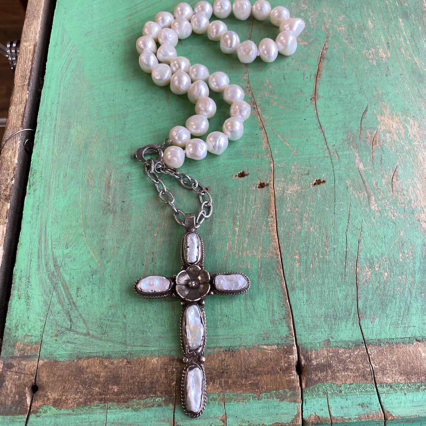 Toggle Clasp Freshwater Pearl Cross Necklace