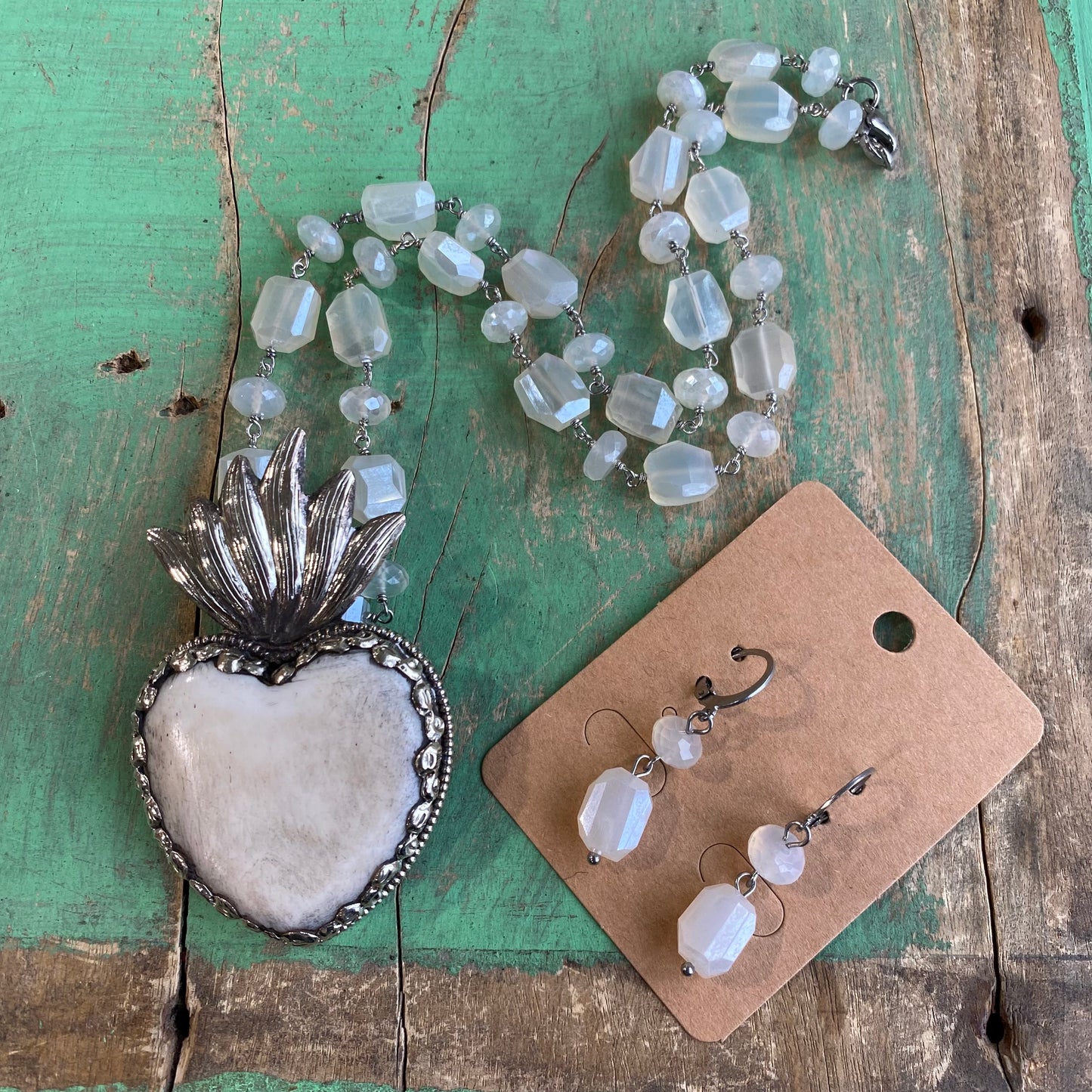 Chalcedony Stone Sacred Heart Necklace and Earrings