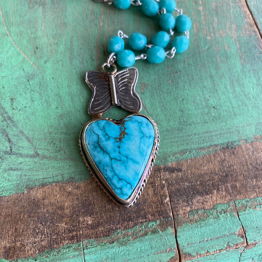Butterfly Turquoise Heart Necklace or Earrings